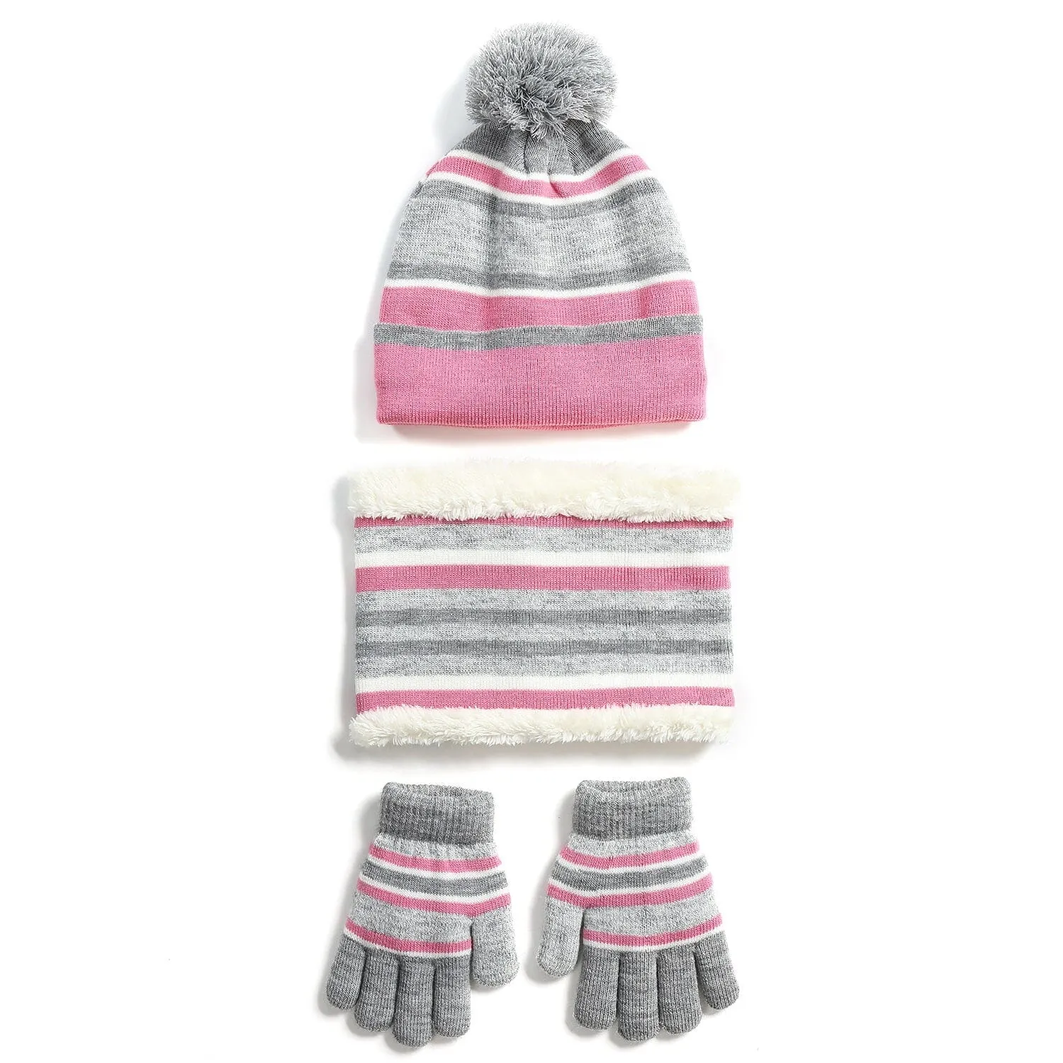 3-Piece Set: Winter Kids Knitted Warm Beanie Hat and Glove for 4-7 Years Old