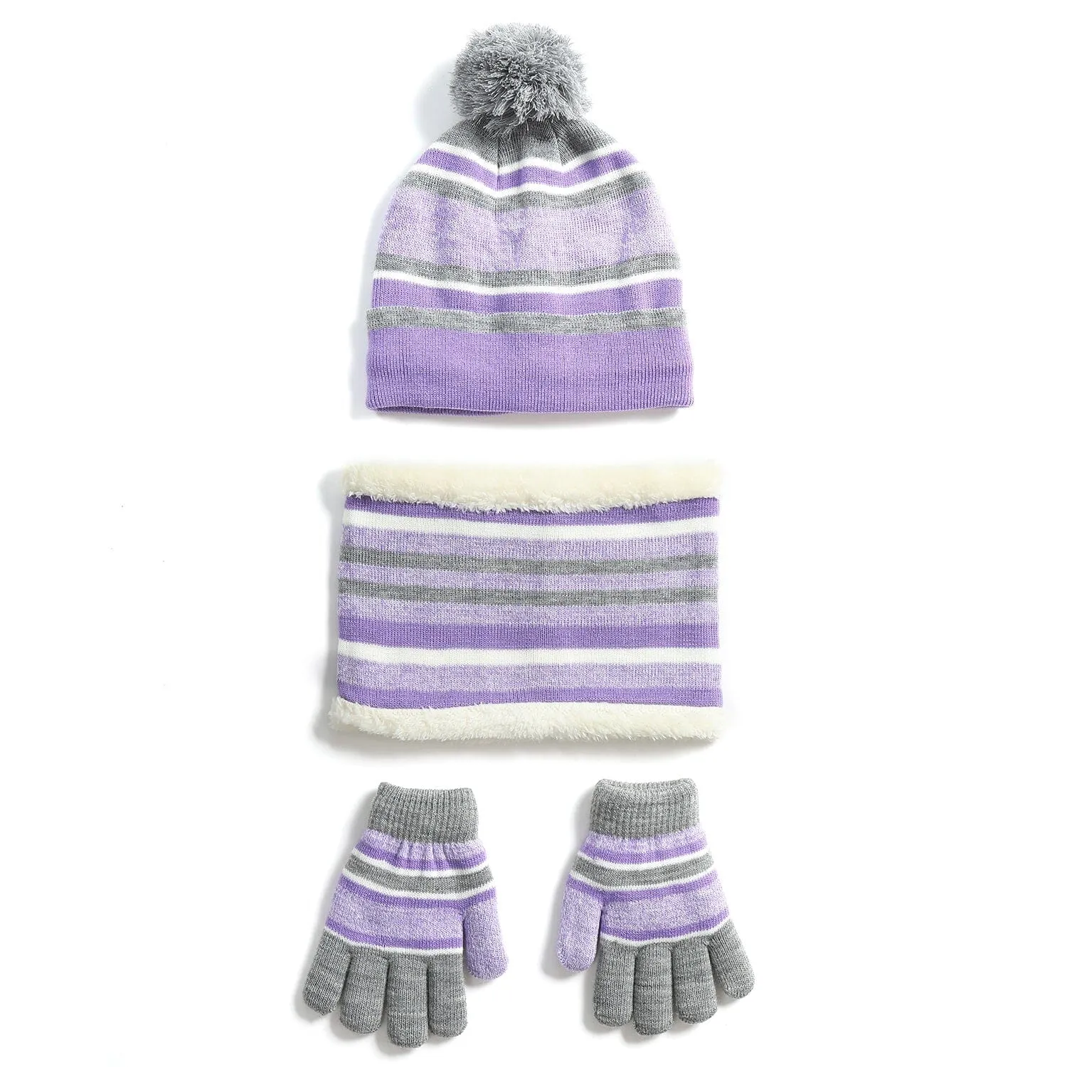 3-Piece Set: Winter Kids Knitted Warm Beanie Hat and Glove for 4-7 Years Old