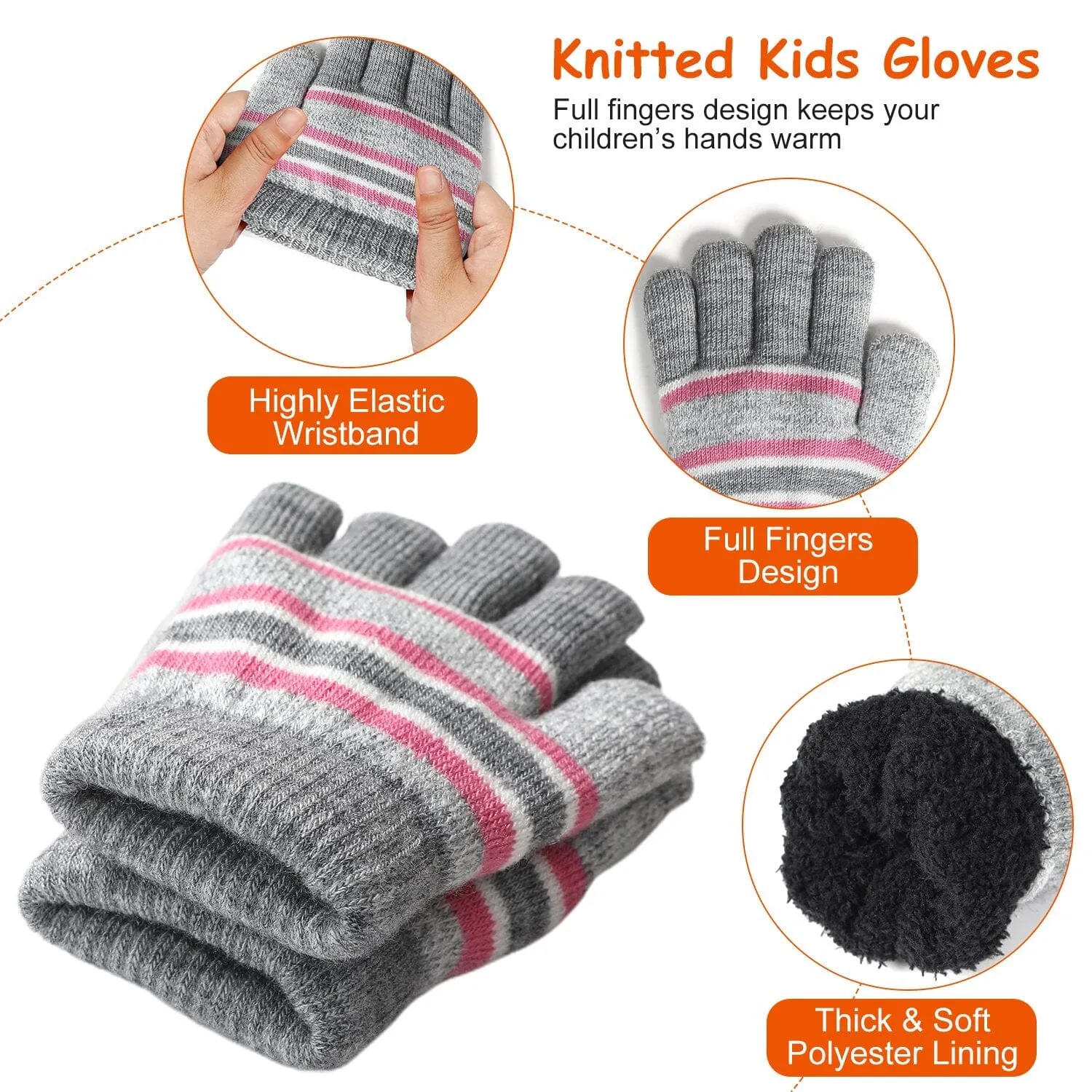 3-Piece Set: Winter Kids Knitted Warm Beanie Hat and Glove for 4-7 Years Old