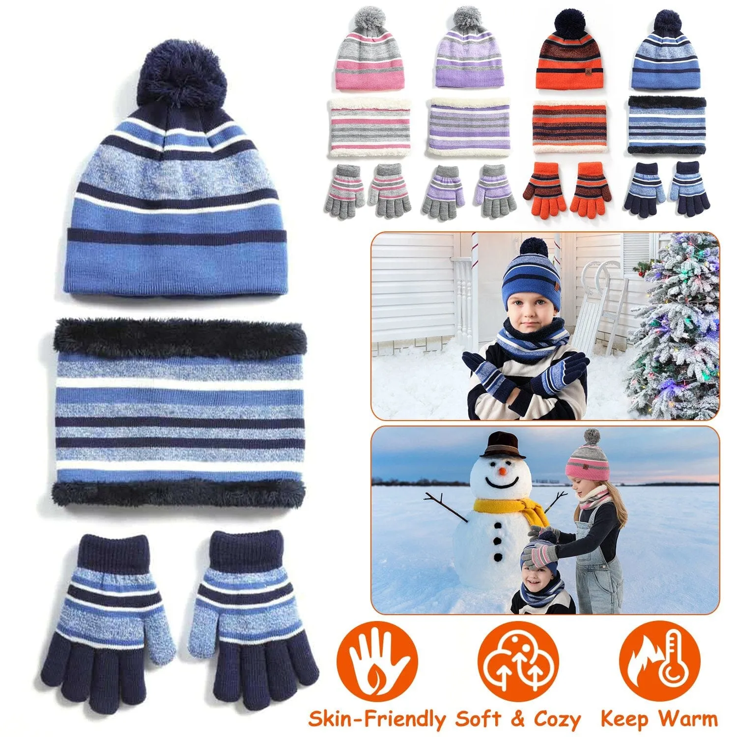 3-Piece Set: Winter Kids Knitted Warm Beanie Hat and Glove for 4-7 Years Old