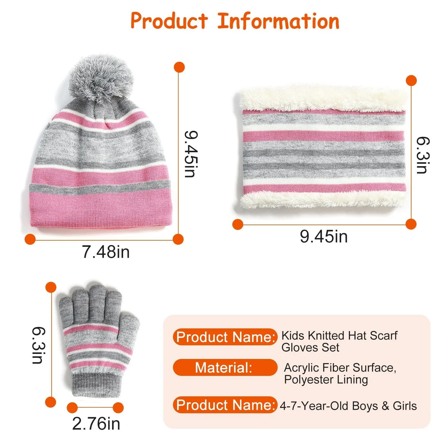 3-Piece Set: Winter Kids Knitted Warm Beanie Hat and Glove for 4-7 Years Old