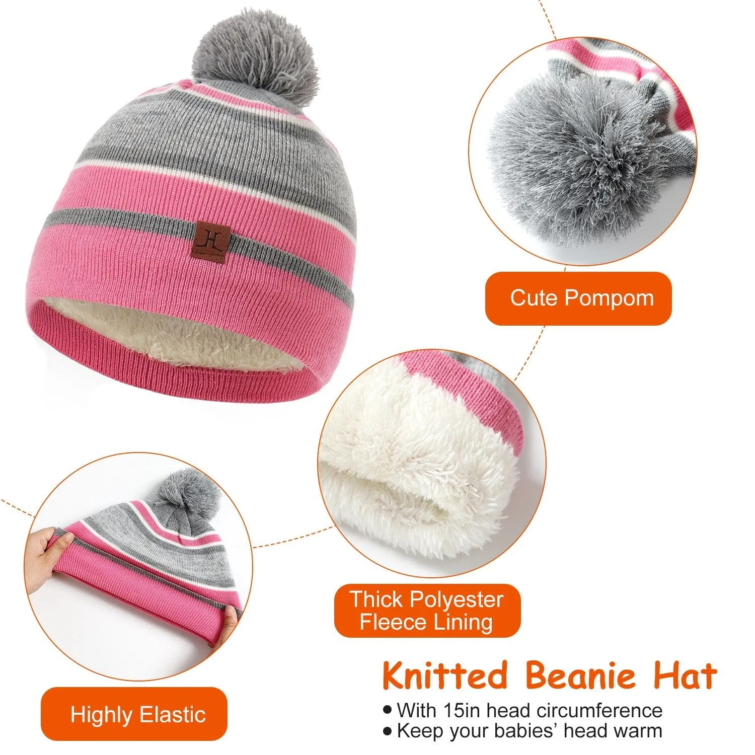 3-Piece Set: Winter Kids Knitted Warm Beanie Hat and Glove for 4-7 Years Old