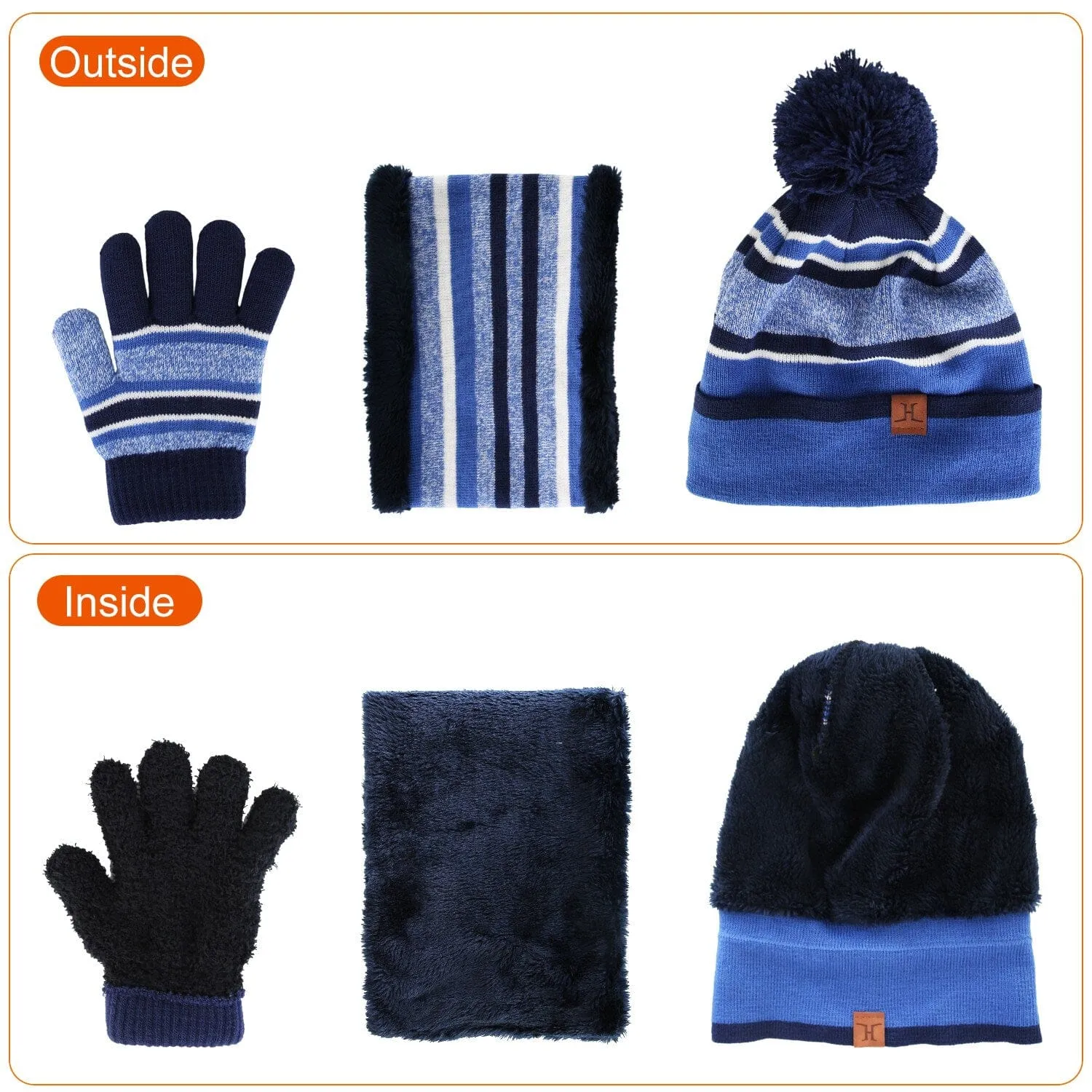 3-Piece Set: Winter Kids Knitted Warm Beanie Hat and Glove for 4-7 Years Old