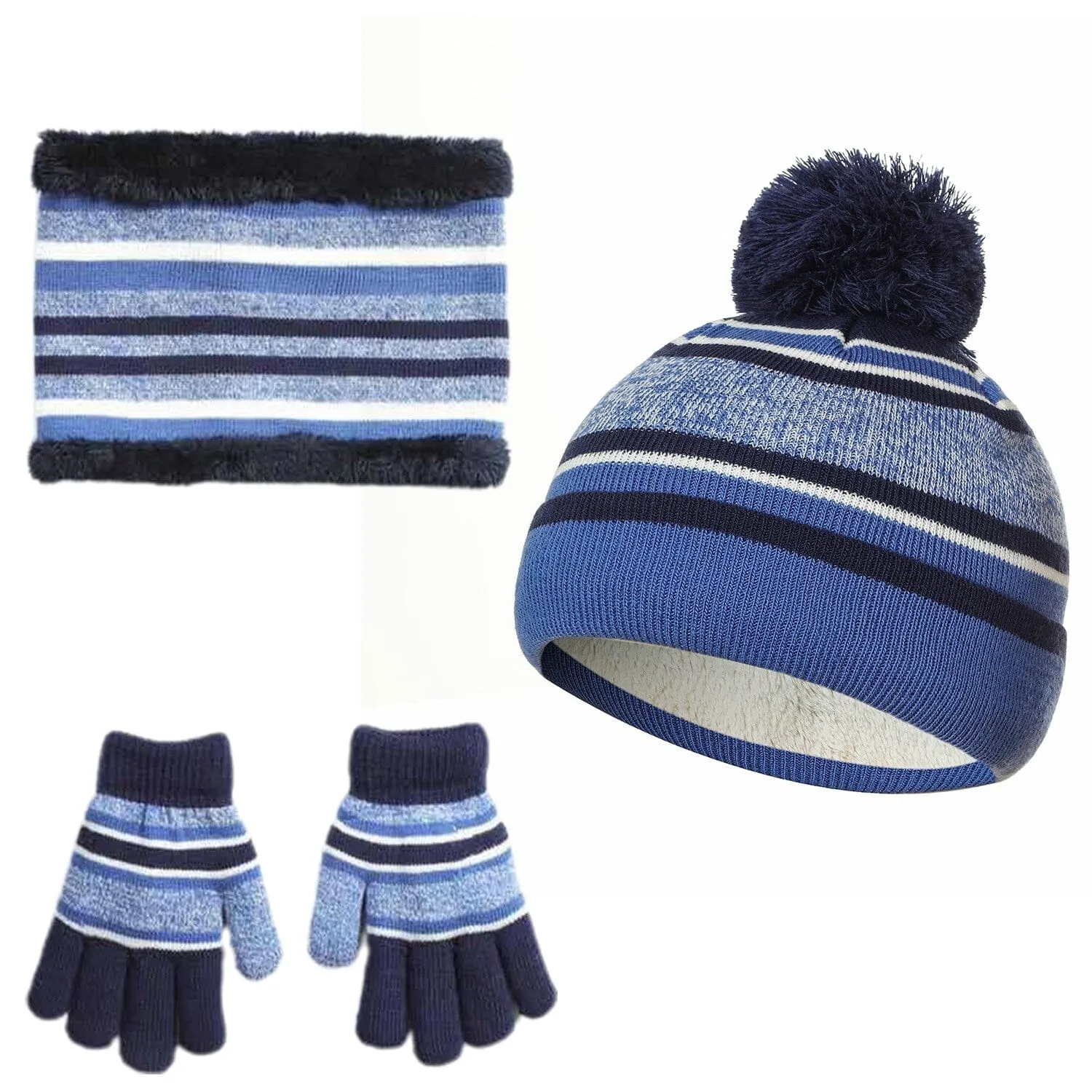 3-Piece Set: Winter Kids Knitted Warm Beanie Hat and Glove for 4-7 Years Old