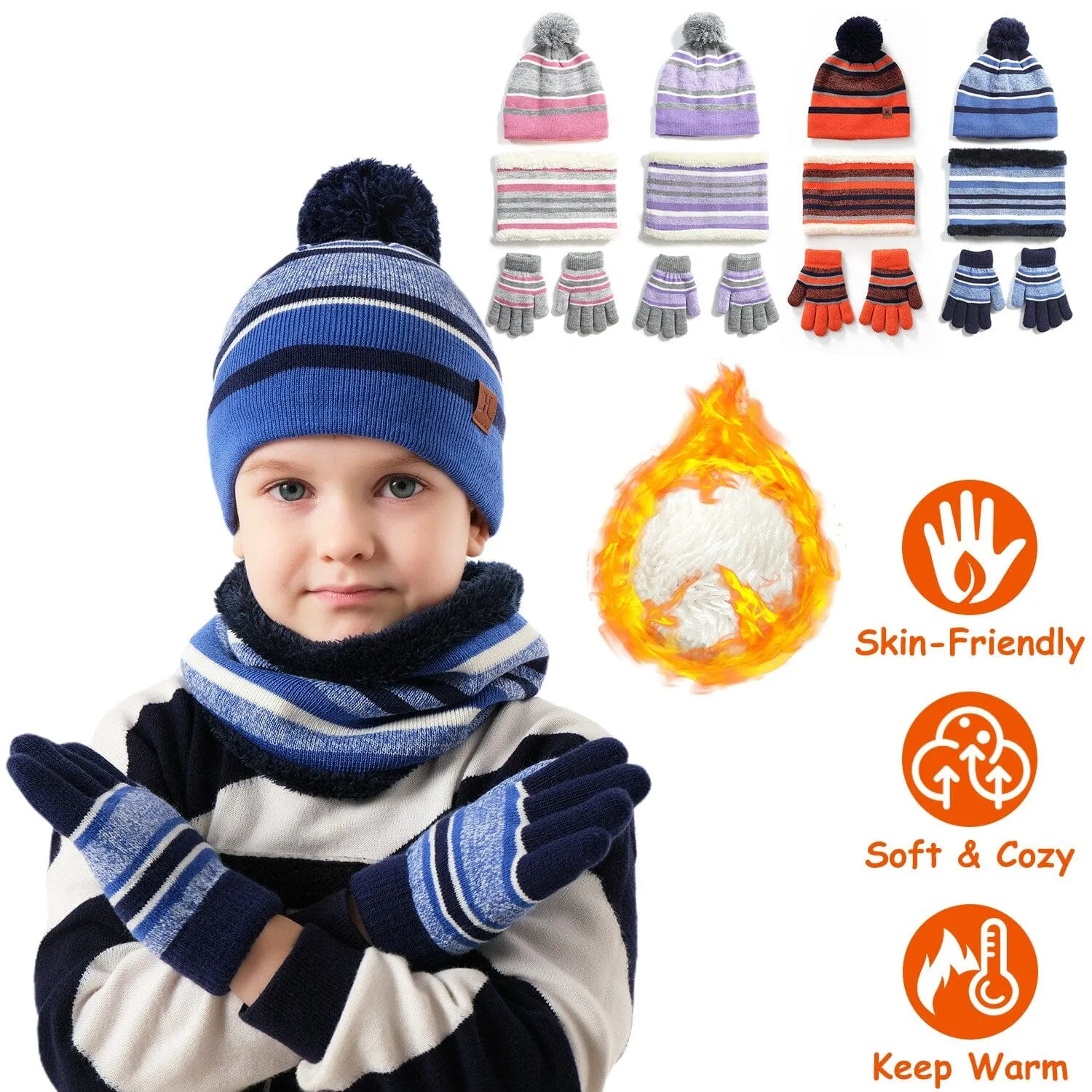 3-Piece Set: Winter Kids Knitted Warm Beanie Hat and Glove for 4-7 Years Old