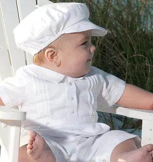 Baby Boy Linen Mix Christening Romper with Hat - White - Sarah Louise 002243