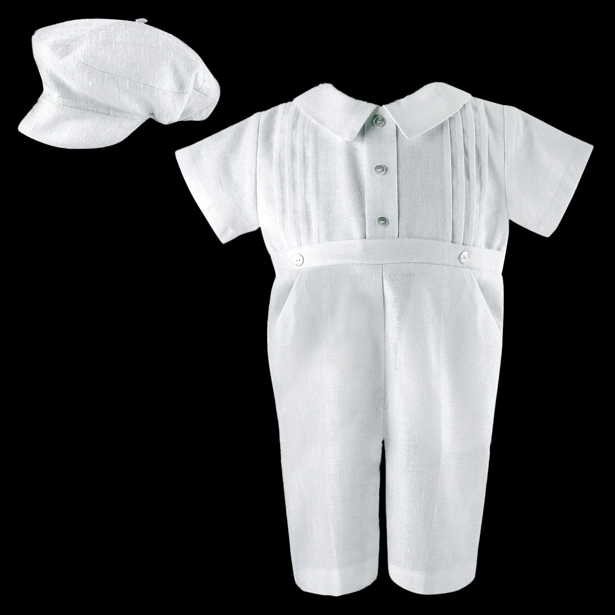 Baby Boy Linen Mix Christening Romper with Hat - White - Sarah Louise 002243