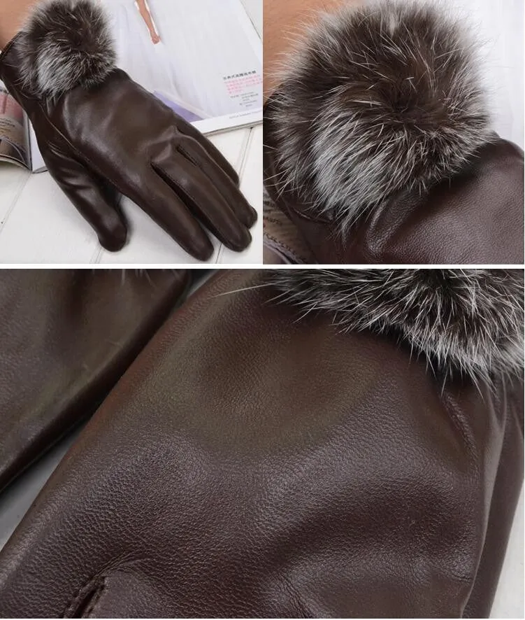 Beautiful Ribbit Fur Ball Leather Gloves for Winter Gloves Brand Mitten luvas Women Gloves female gloves