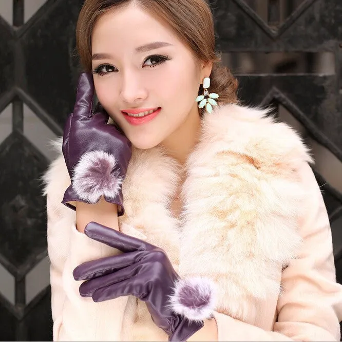 Beautiful Ribbit Fur Ball Leather Gloves for Winter Gloves Brand Mitten luvas Women Gloves female gloves