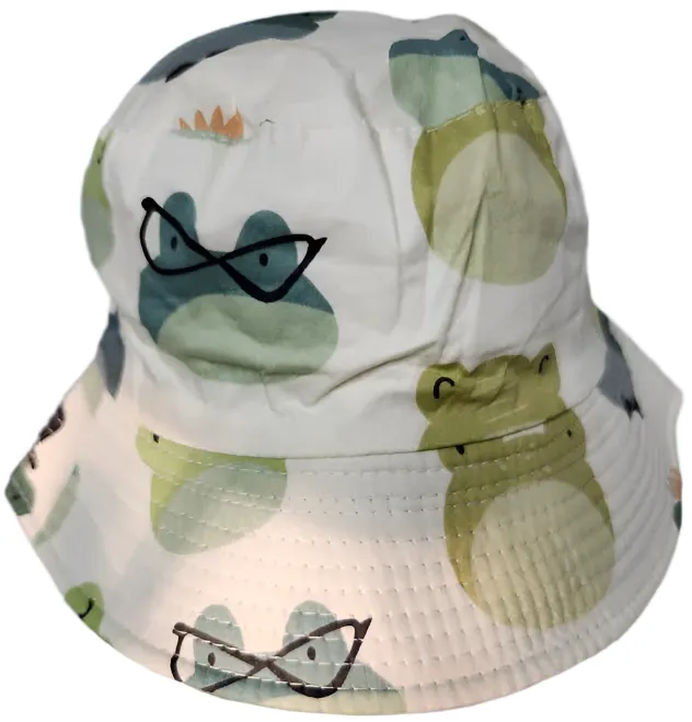 Bucket/Sun Hat With Chin Strap Wide Brim Children's 2-7yr White/Green Frog scbhwgf