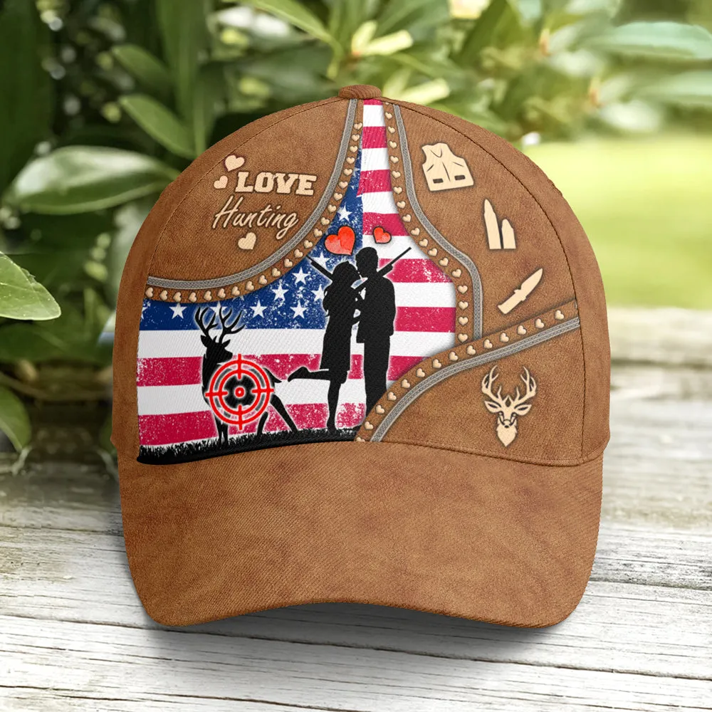 Couple Love Hunting American Flag Leather Style Baseball Cap