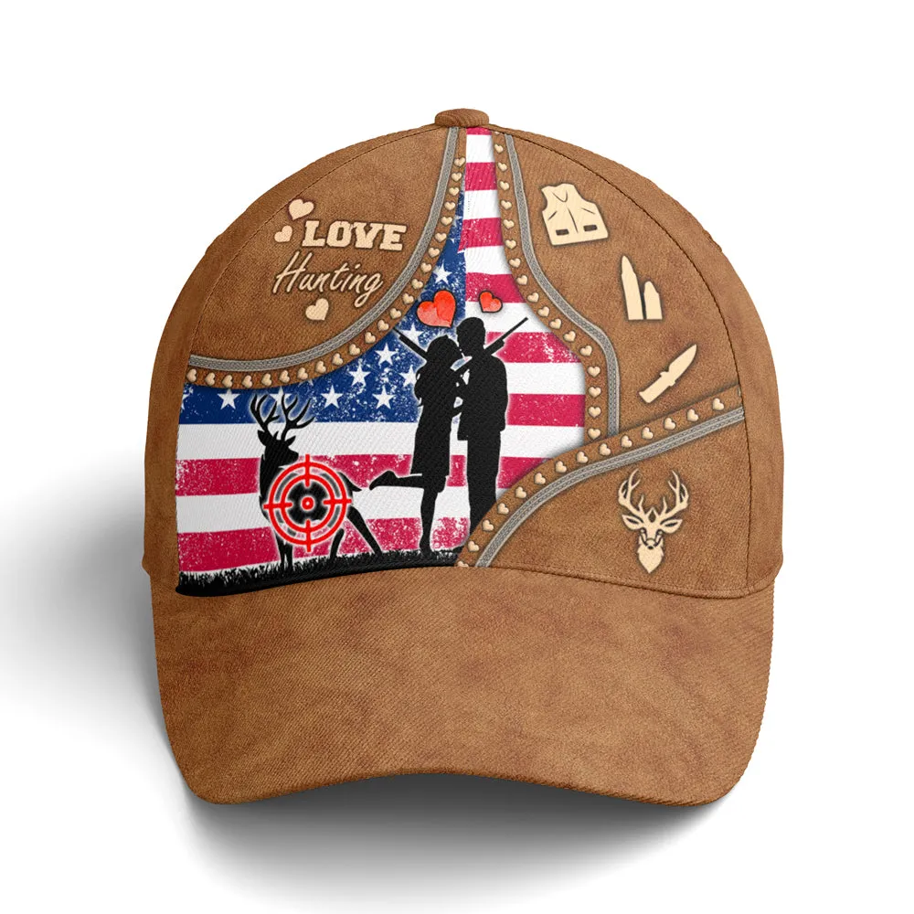 Couple Love Hunting American Flag Leather Style Baseball Cap