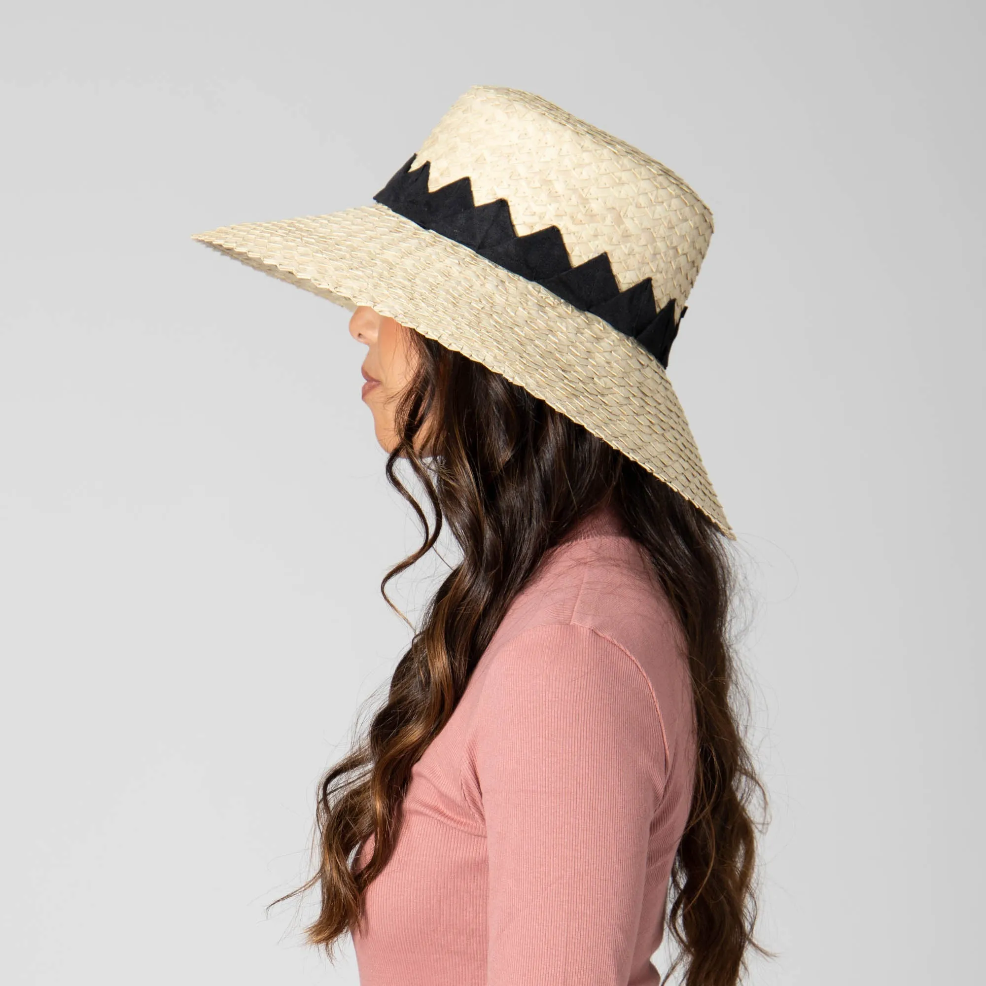 Crafted Glam - Palm Straw Wide Brim Bucket with Origami Band