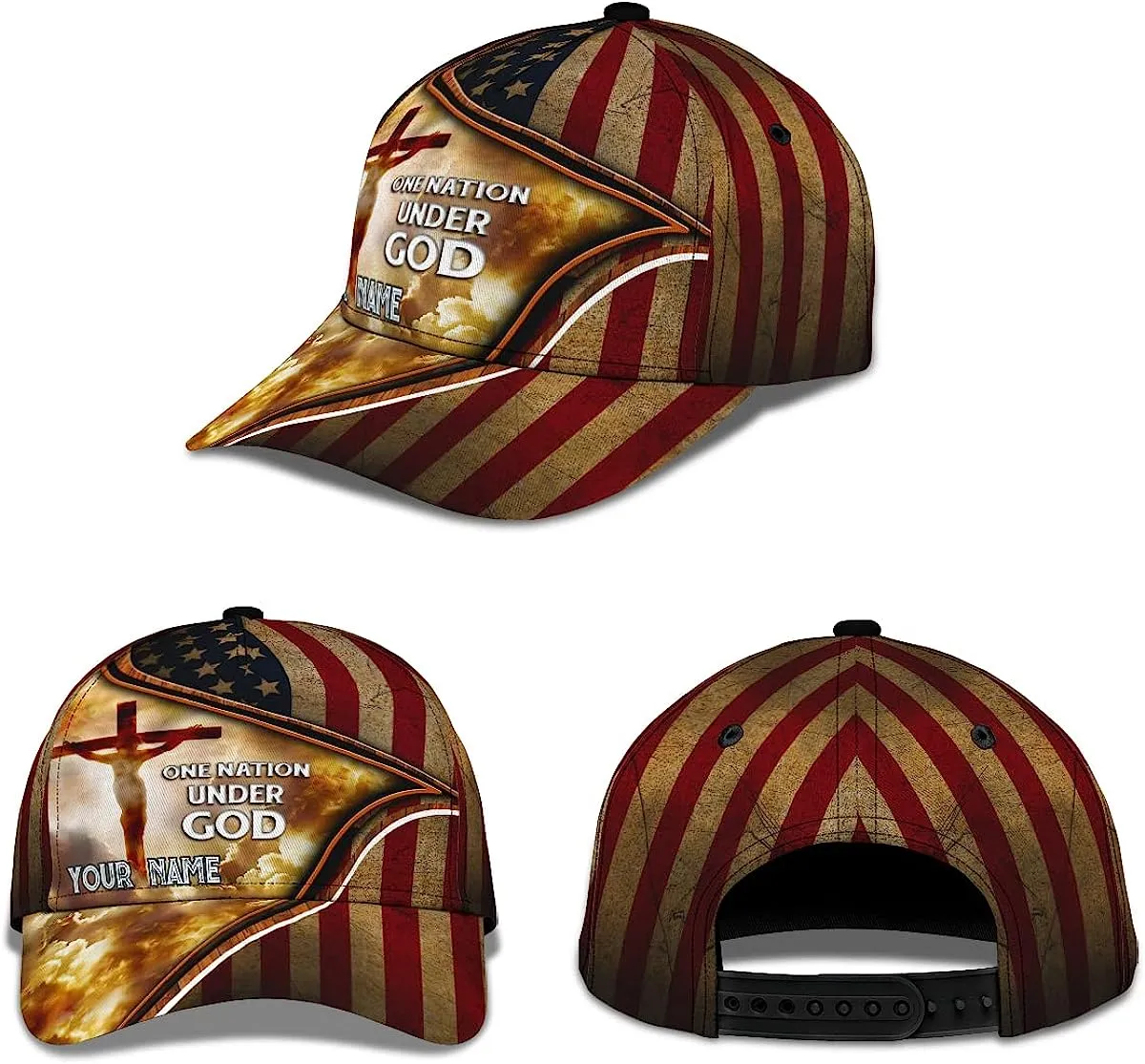 Cross One Nation Under God American Flag Custom Name All Over Print Baseball Cap - Christian Hats For Men Women