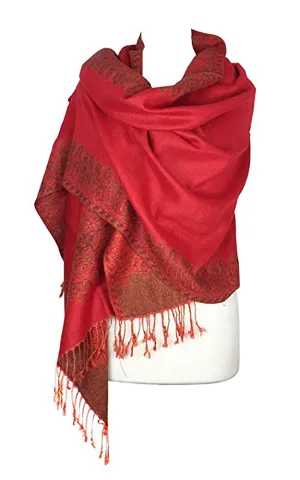 DB003-02 Red Border Print Pashmina Scarf