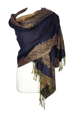 DB003-04 Navy Blue Border Print Pashmina Scarf