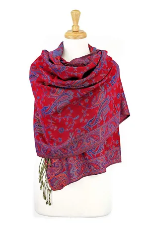 DB023-11 Red Blue Paisley Print Pashmina Scarf