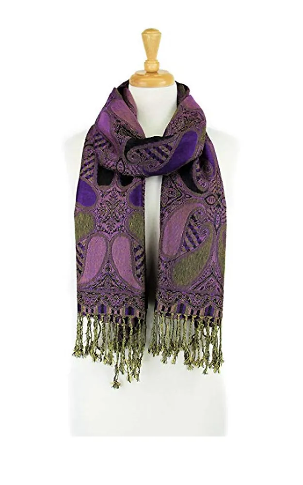 DBA18-19 Black & Purple Paisley Print Pashmina Scarf