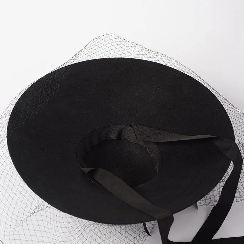 Elegant Veil Bow Trimmed Woolen Felt Hat - Black