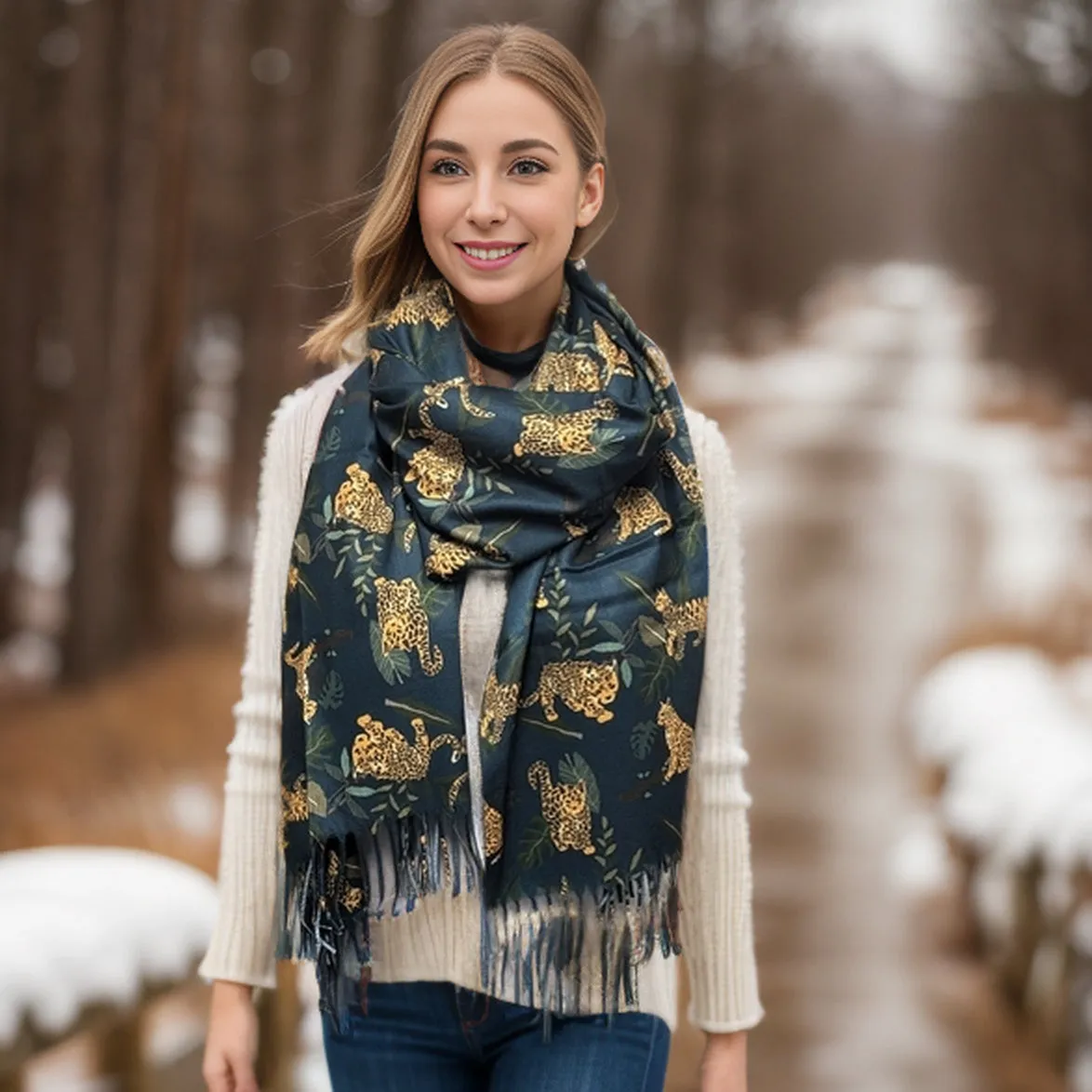 Exclusive Leopard in the Midnight Jungle Pashmina Style Scarf