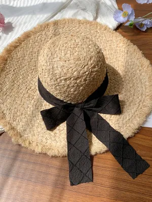 French Holiday Bow Wide Brim Sun Hat