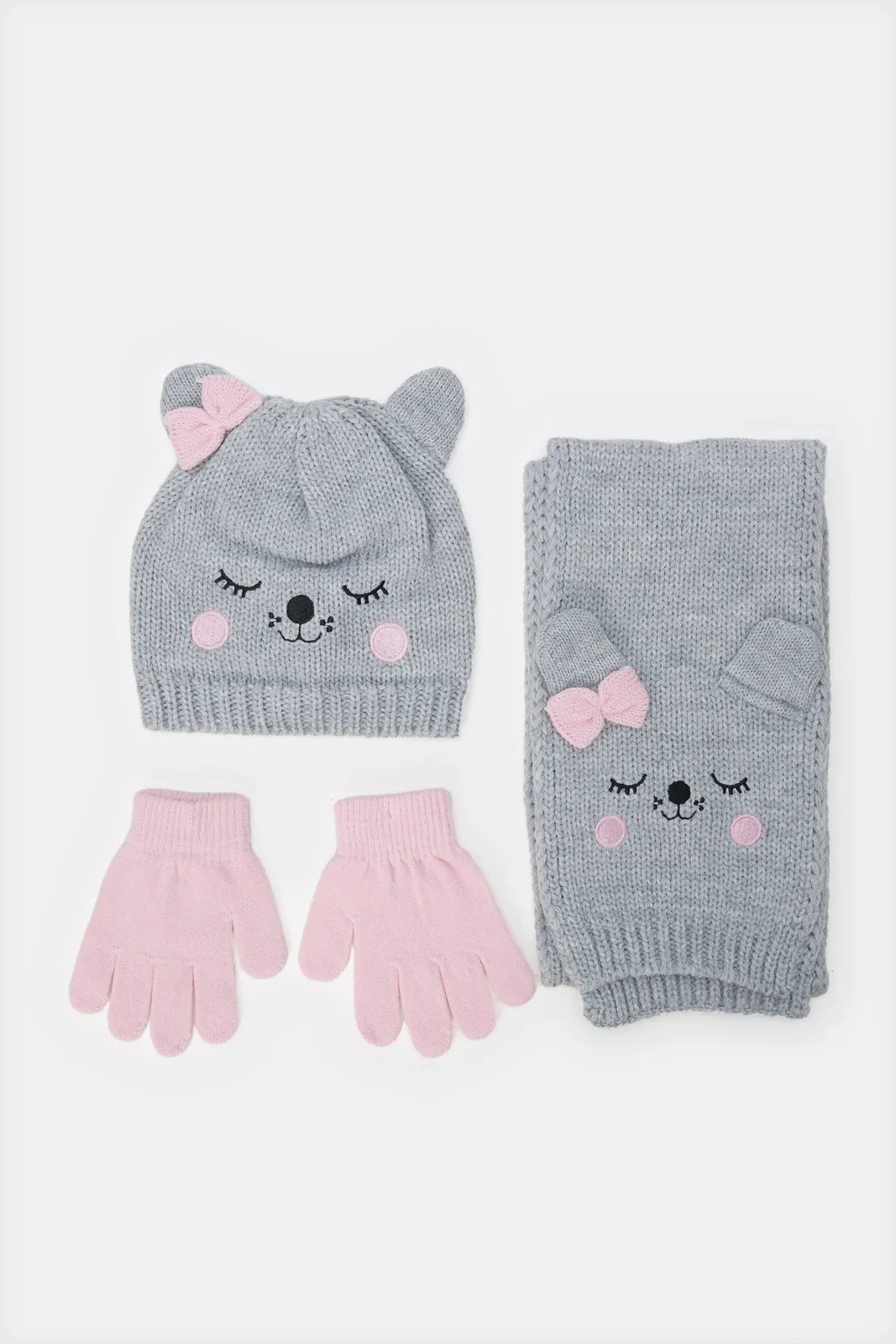 Girls Pink And Pink Embellished Cap With Gloves (3 Piece)