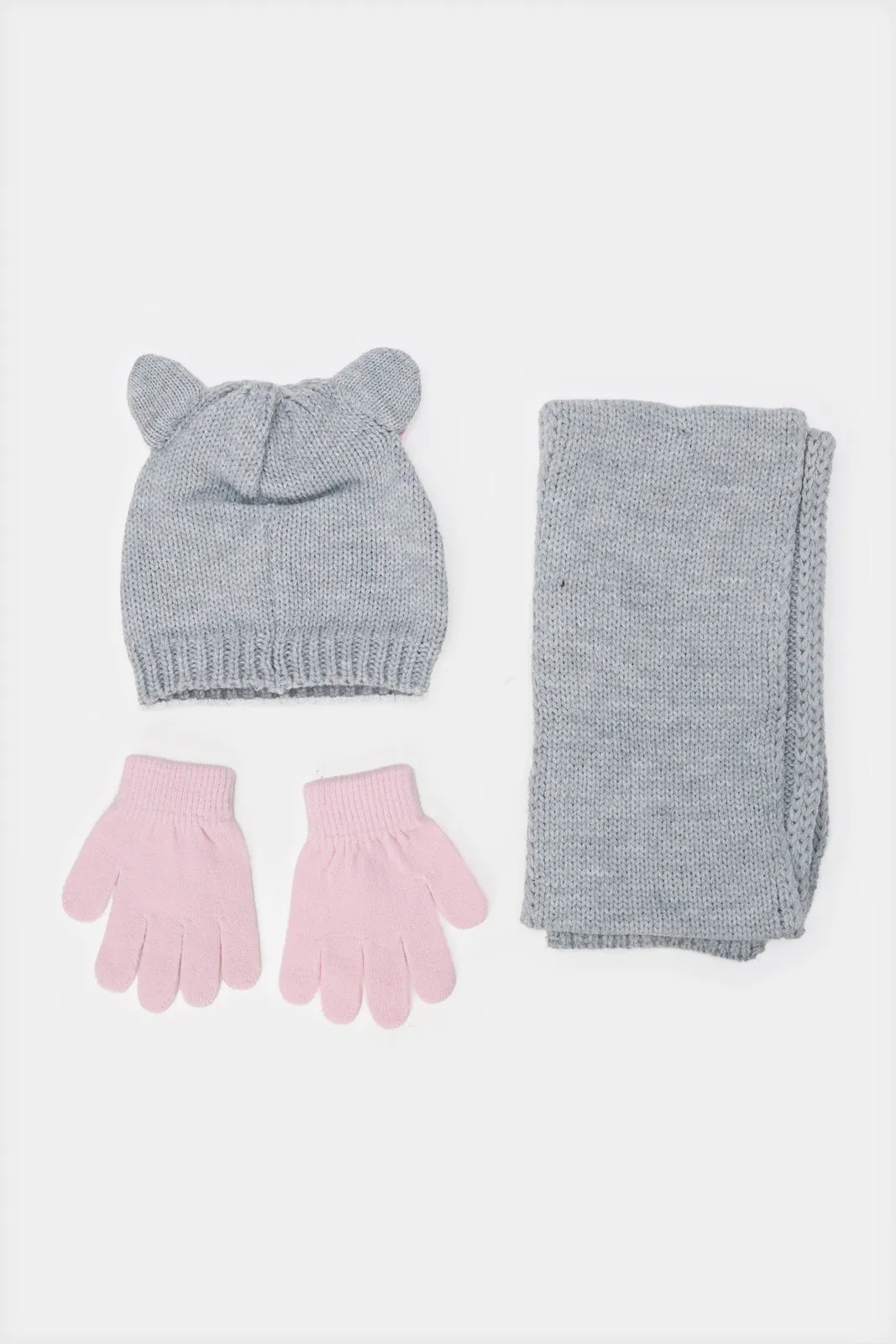 Girls Pink And Pink Embellished Cap With Gloves (3 Piece)