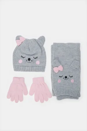 Girls Pink And Pink Embellished Cap With Gloves (3 Piece)