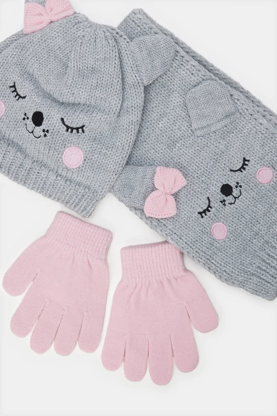 Girls Pink And Pink Embellished Cap With Gloves (3 Piece)