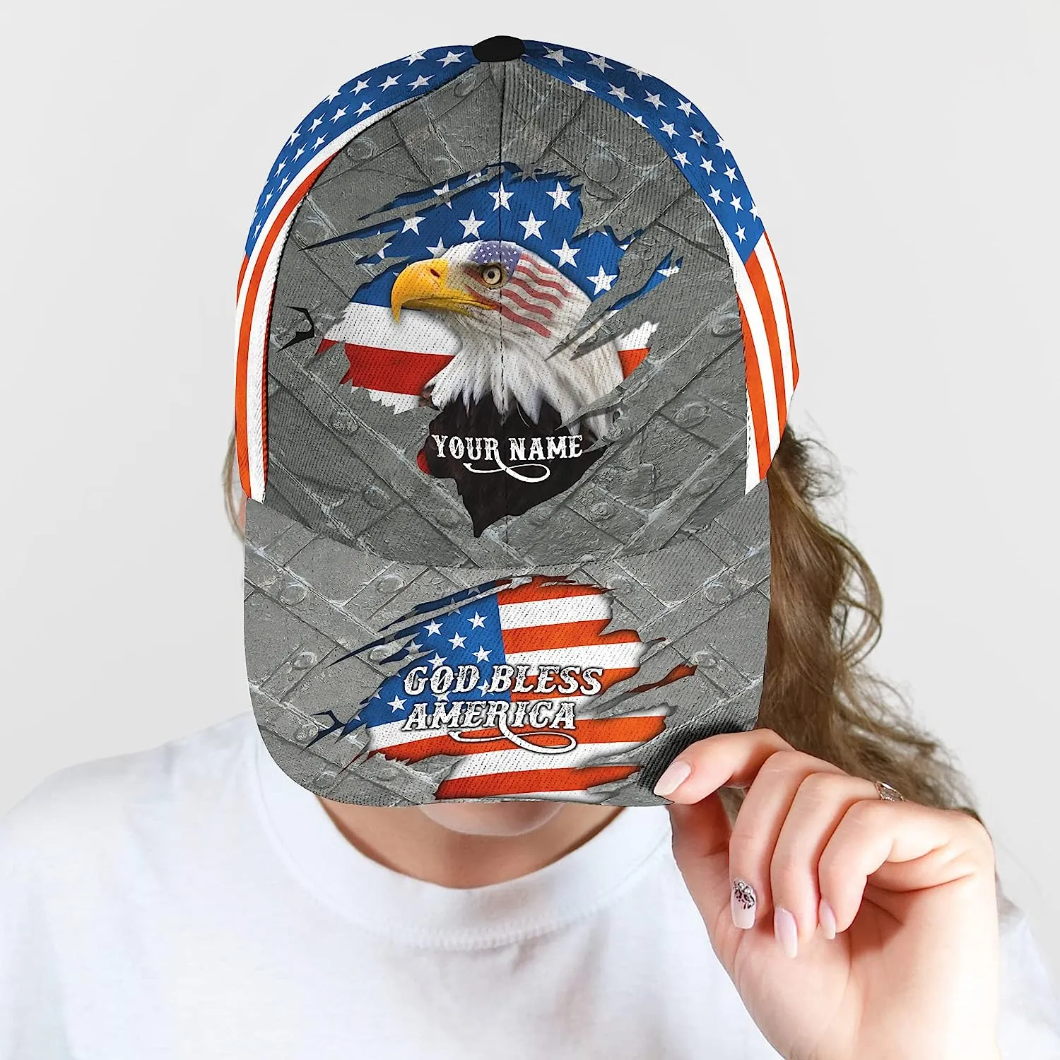 God Bless America Jesus Religion Eagle And American Flag Custom Name All Over Print Baseball Cap - Christian Hats For Men Women