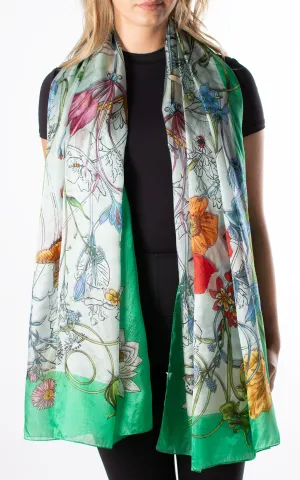 Green Border Floral Silk Scarf