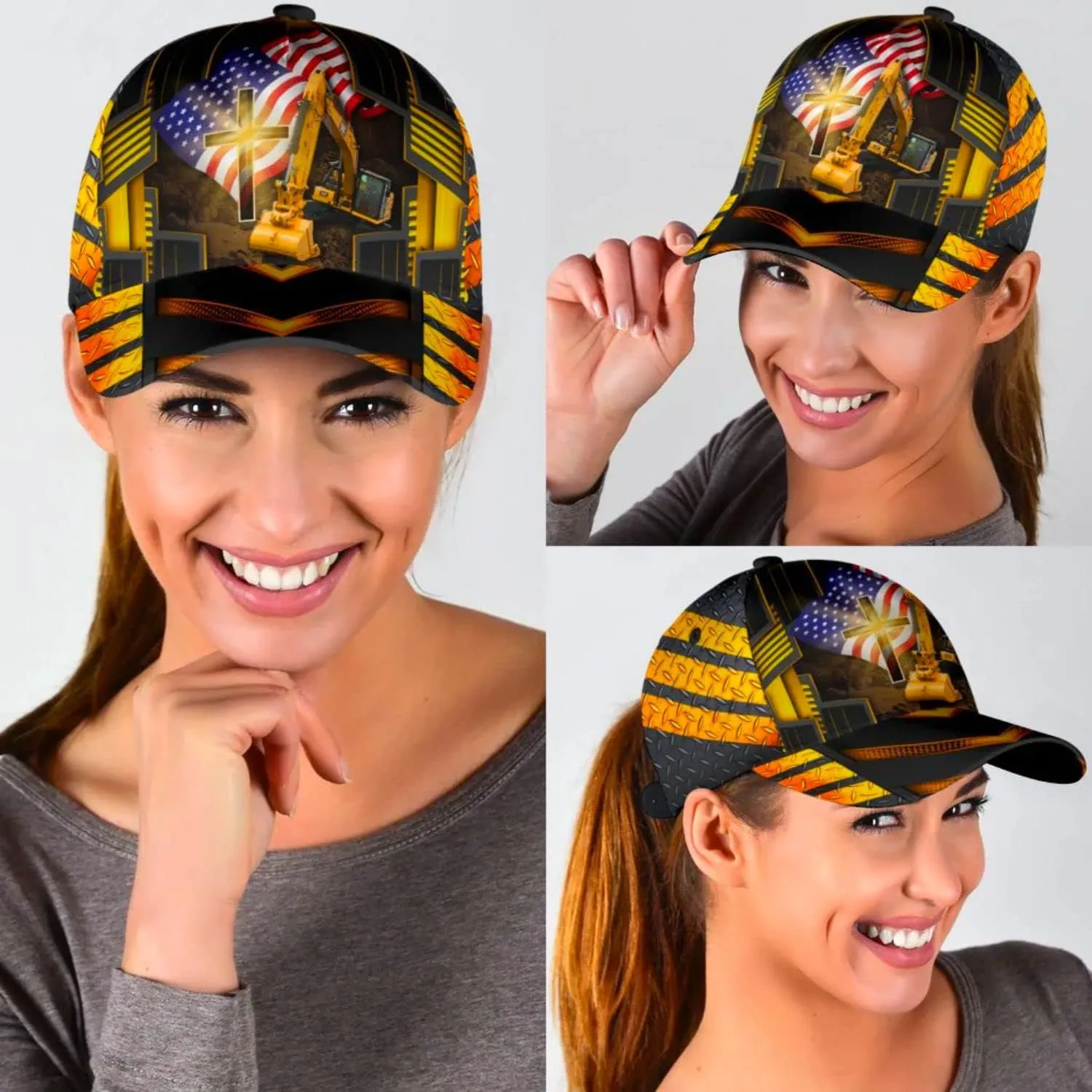 Jesus American Flag Excavator Baseball Cap - Christian Hats for Men and Women