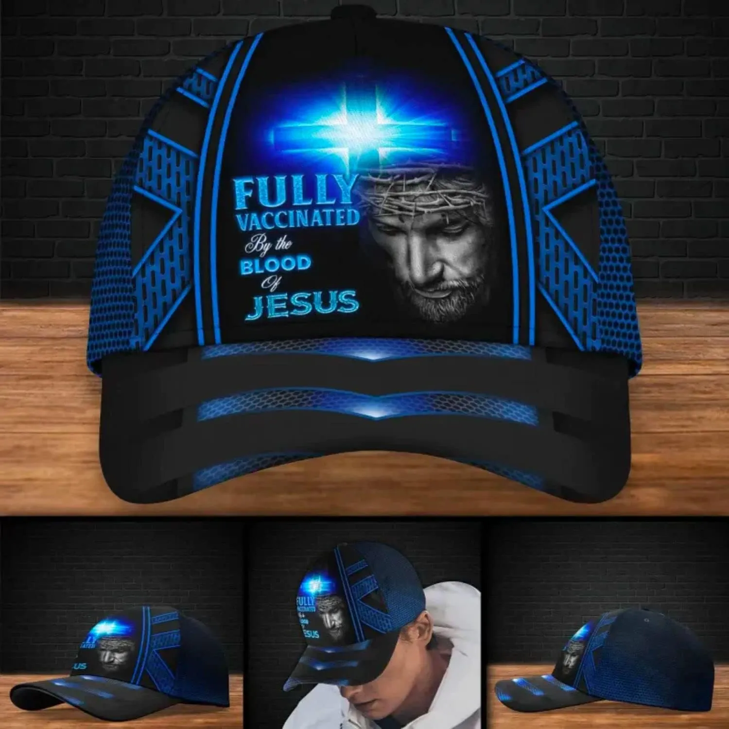 Jesus Blue Cross Light Fully Vaccinated By The Blood Of Jesus All Over Print Baseball Cap - Christian Hats For Men Women