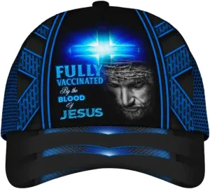 Jesus Blue Cross Light Fully Vaccinated By The Blood Of Jesus All Over Print Baseball Cap - Christian Hats For Men Women