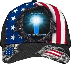 Jesus Is My Savior American Flag Jesus Cross Light All Over Print Baseball Cap - Christian Hats For Men Women