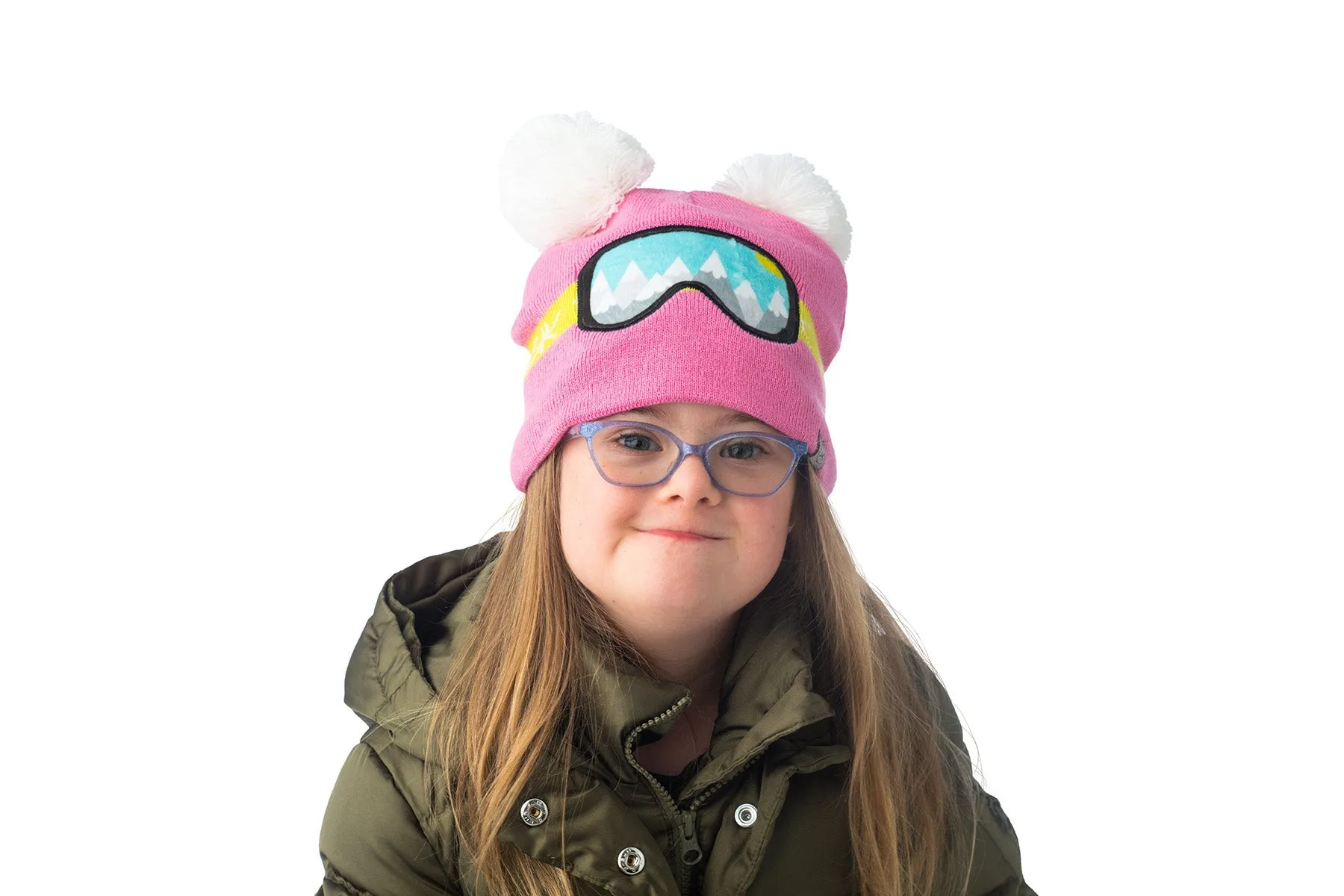 Kids Knitted Beanie - Ski Goggles - Pink