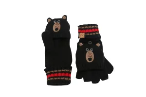 Kids Knitted Fingerless Gloves with Mitten Flaps - Black Bear