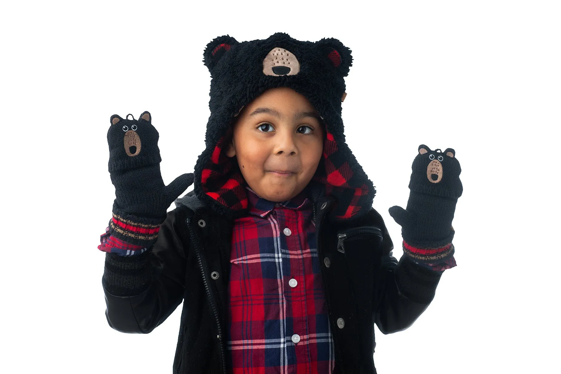 Kids Knitted Fingerless Gloves with Mitten Flaps - Black Bear