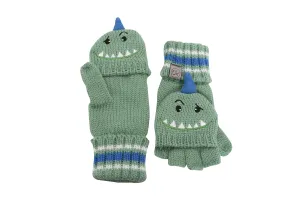 Kids Knitted Fingerless Gloves with Mitten Flaps - Dinosaur