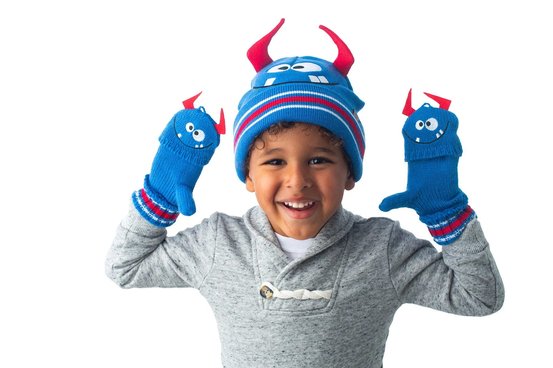 Kids Knitted Fingerless Gloves with Mitten Flaps - Monster