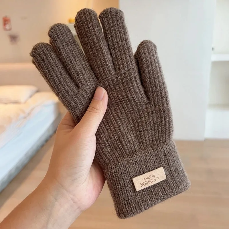 Knitted Wool Gloves Women's Winter Cold-proof Thickened Fleece-lined Candy Color Cycling Touch Screen Exposed Finger Five Fingers