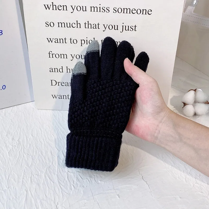 Knitted Wool Gloves Women's Winter Cold-proof Thickened Fleece-lined Candy Color Cycling Touch Screen Exposed Finger Five Fingers