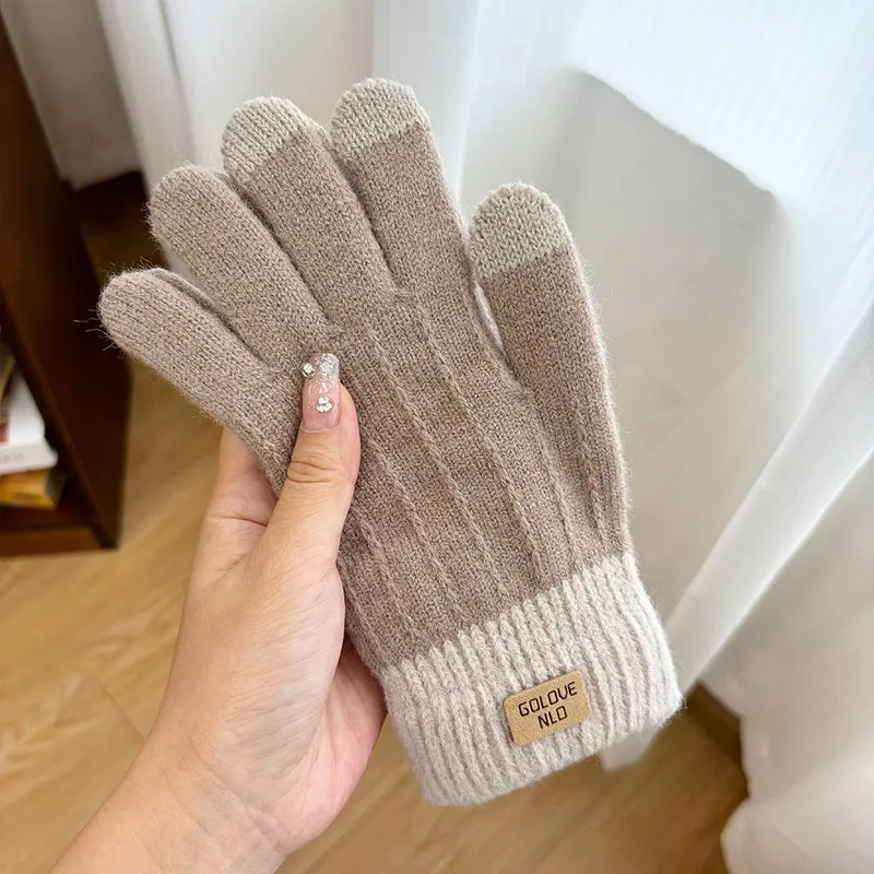 Knitted Wool Gloves Women's Winter Cold-proof Thickened Fleece-lined Candy Color Cycling Touch Screen Exposed Finger Five Fingers