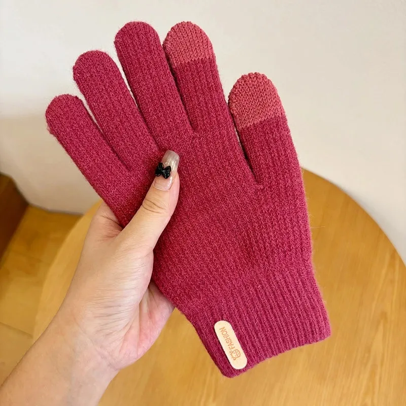 Knitted Wool Gloves Women's Winter Cold-proof Thickened Fleece-lined Candy Color Cycling Touch Screen Exposed Finger Five Fingers