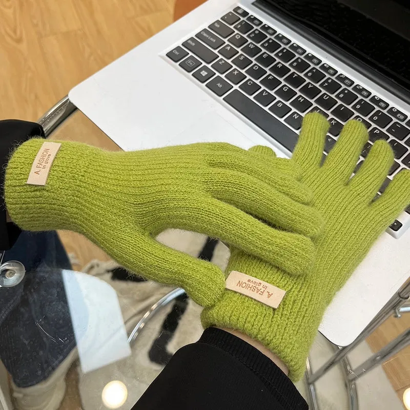 Knitted Wool Gloves Women's Winter Cold-proof Thickened Fleece-lined Candy Color Cycling Touch Screen Exposed Finger Five Fingers