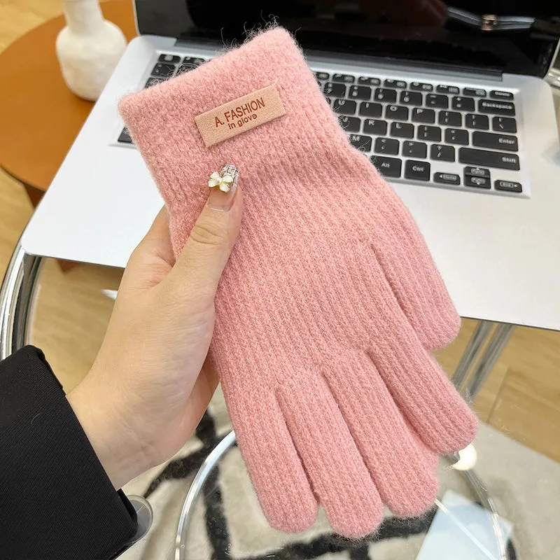 Knitted Wool Gloves Women's Winter Cold-proof Thickened Fleece-lined Candy Color Cycling Touch Screen Exposed Finger Five Fingers