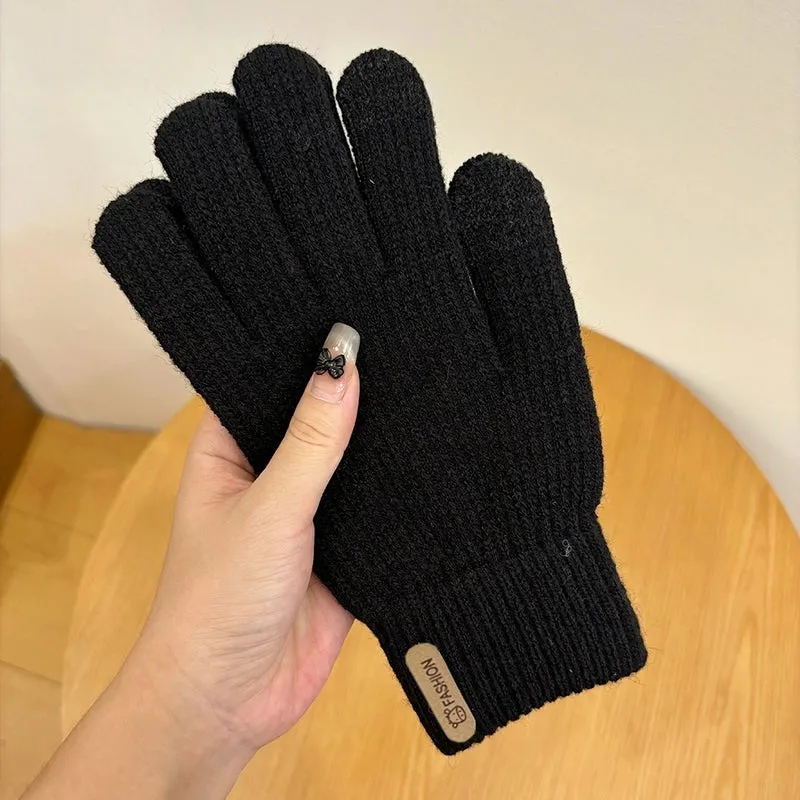 Knitted Wool Gloves Women's Winter Cold-proof Thickened Fleece-lined Candy Color Cycling Touch Screen Exposed Finger Five Fingers