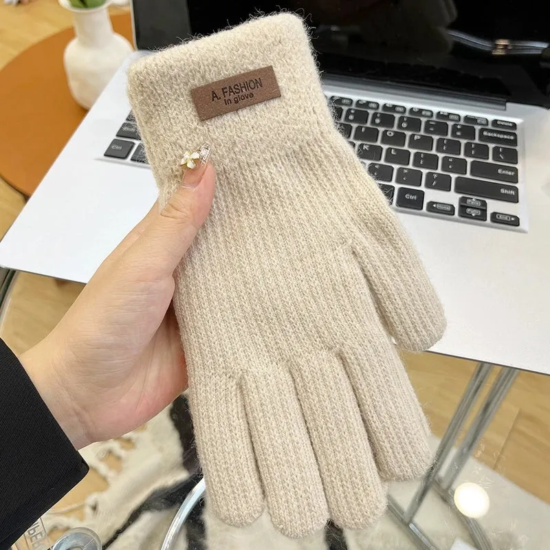 Knitted Wool Gloves Women's Winter Cold-proof Thickened Fleece-lined Candy Color Cycling Touch Screen Exposed Finger Five Fingers