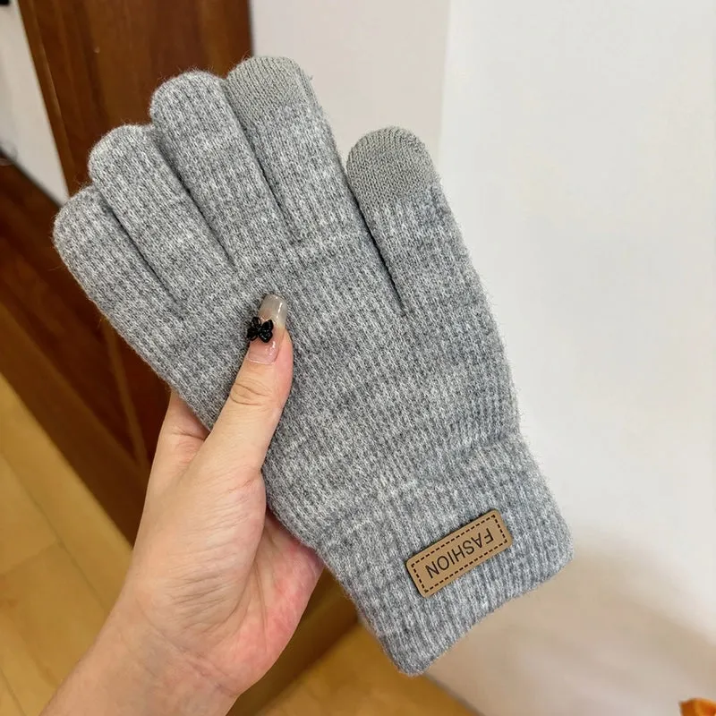 Knitted Wool Gloves Women's Winter Cold-proof Thickened Fleece-lined Candy Color Cycling Touch Screen Exposed Finger Five Fingers