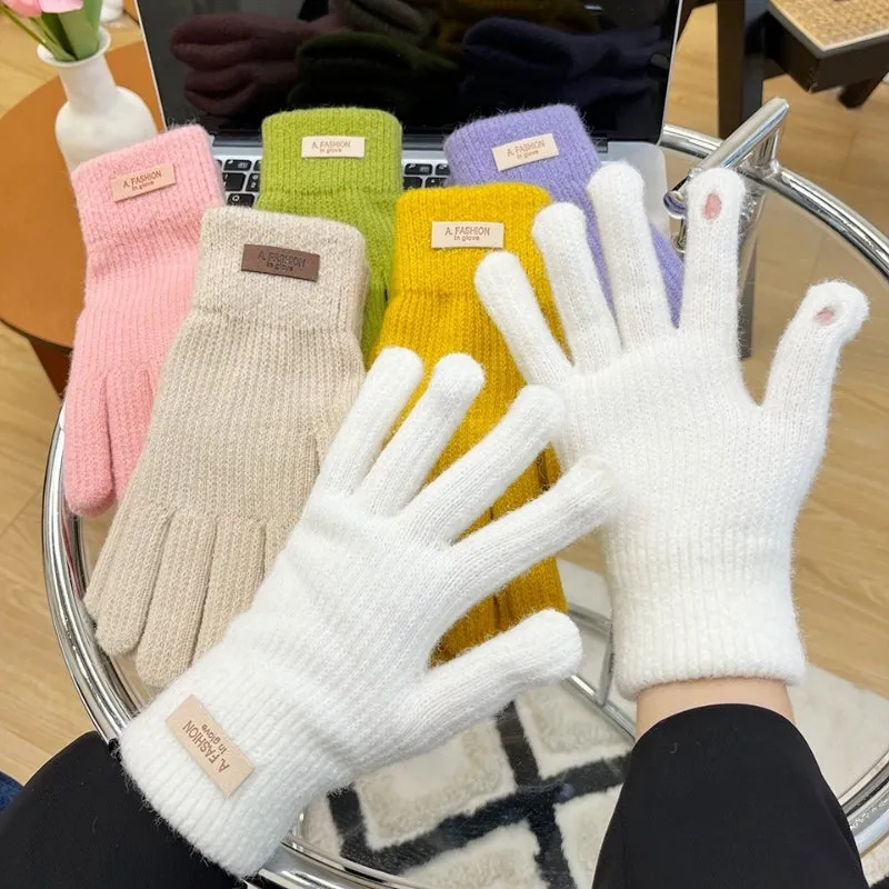 Knitted Wool Gloves Women's Winter Cold-proof Thickened Fleece-lined Candy Color Cycling Touch Screen Exposed Finger Five Fingers